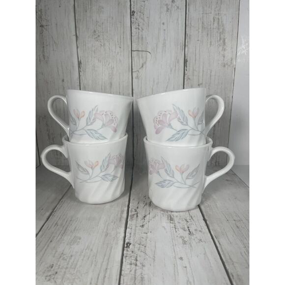 Corelle Other - Set of 4 Vintage Corning Pink Trio Coffee Mugs White Swirl Pink Flowers